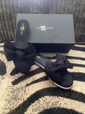 Yosi Samra Black Bow Slide Sandals